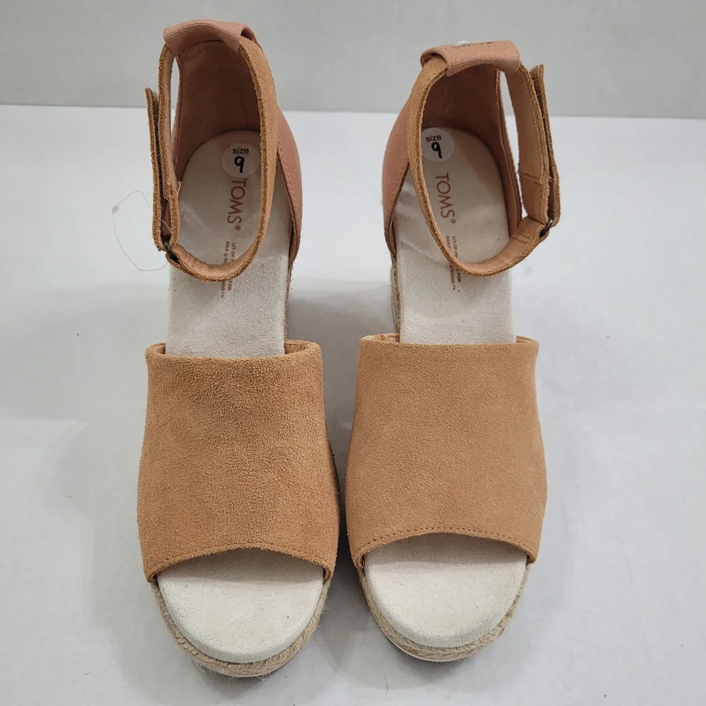 Toms Marisol Suede/Canvas Espadrille Wedge Sandals Sandy Beige Size 9 - NWOT